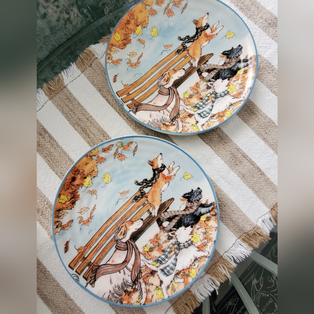 TWO Pier 1 Park Avenue Pups Lazy Sunday Plates Retired Autumn Fall